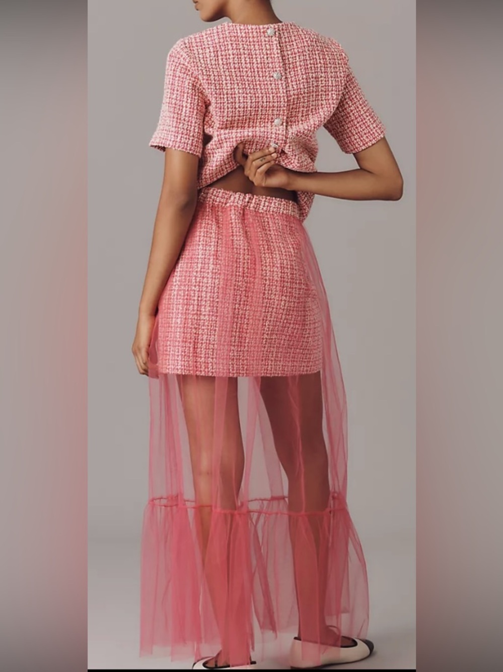 Anthropologie Tulle Overlay Tweed Skirt. Hot Pink. - Picture 3 of 4
